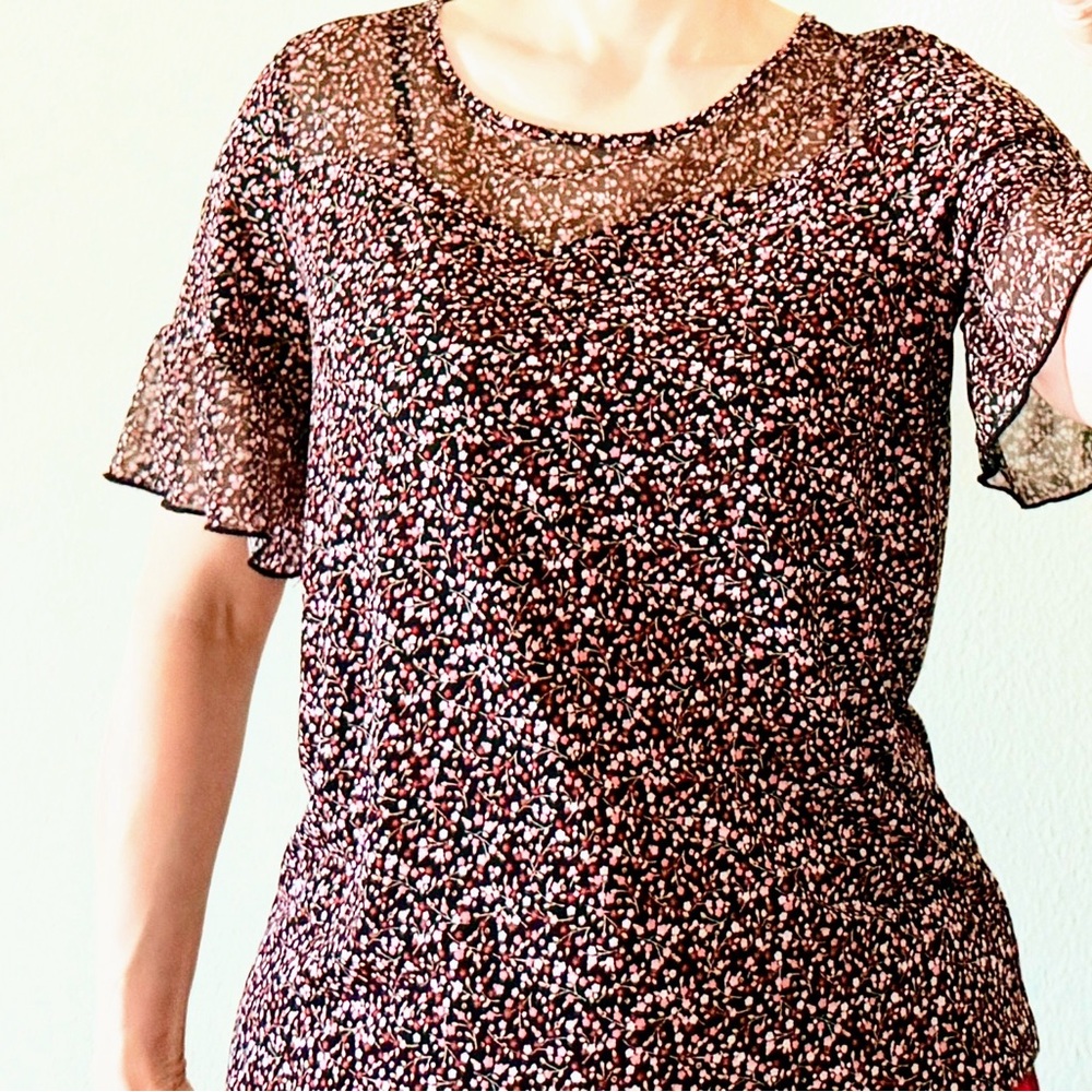 Adele & May Floral Flutter Sleeve Blouse Sheer Black Pink Size M